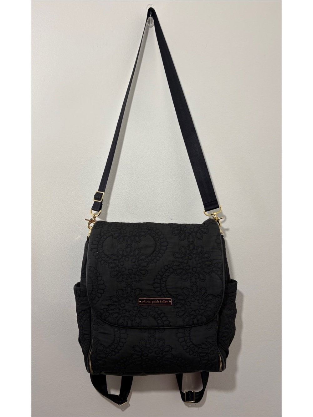 Petunia Pickle Bottom black floral stitch-work multi-way diaper bag
